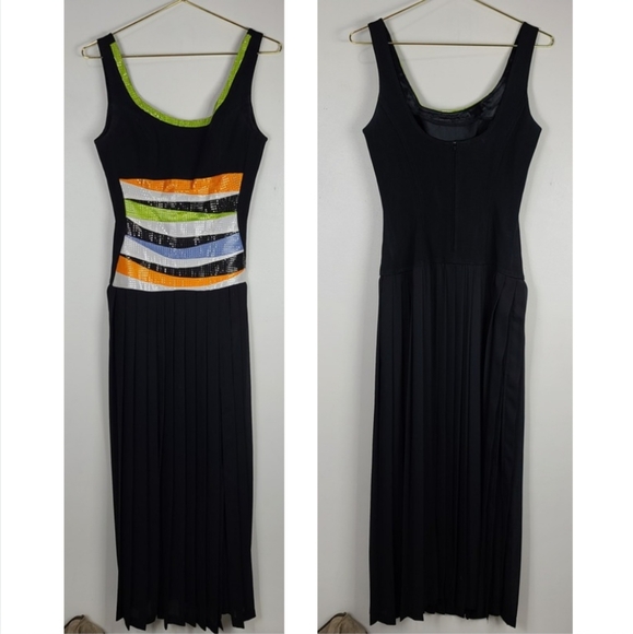 Vintage Cache Black Sequin Bodice & Accordion Pleat Georgette Split Maxi Dress - Picture 11 of 16